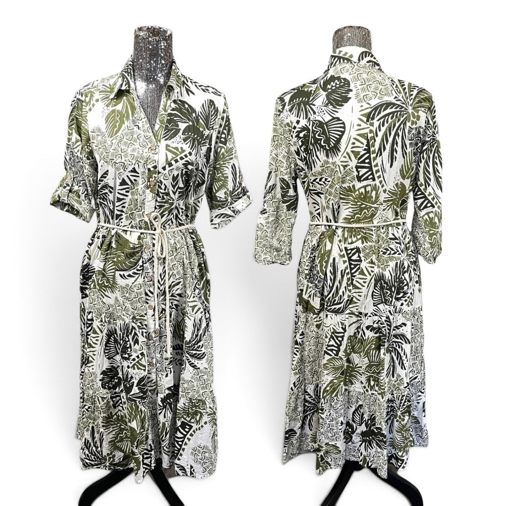 Green Tropical Leaf 100% Cotton Shirt Dress Medium Button Front Belted Midi